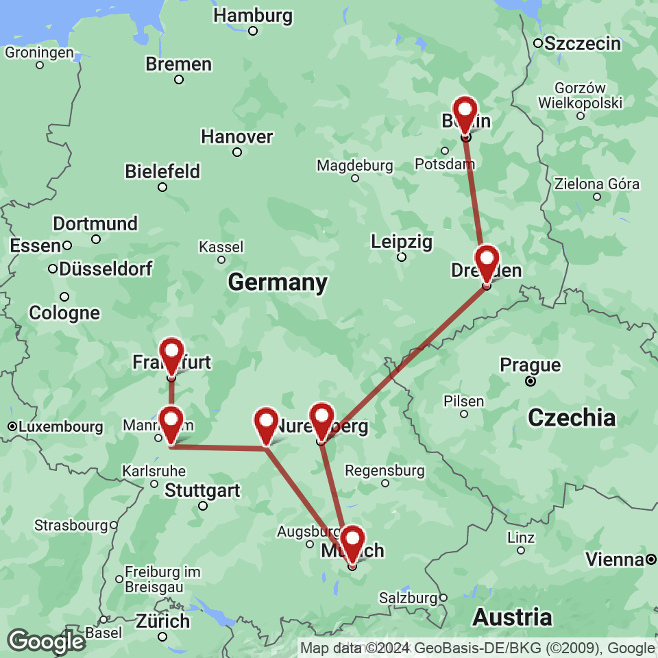 Route for Berlin, Dresden, Nuremberg, Munich, Rothenburg, Heidelberg, Frankfurt tour